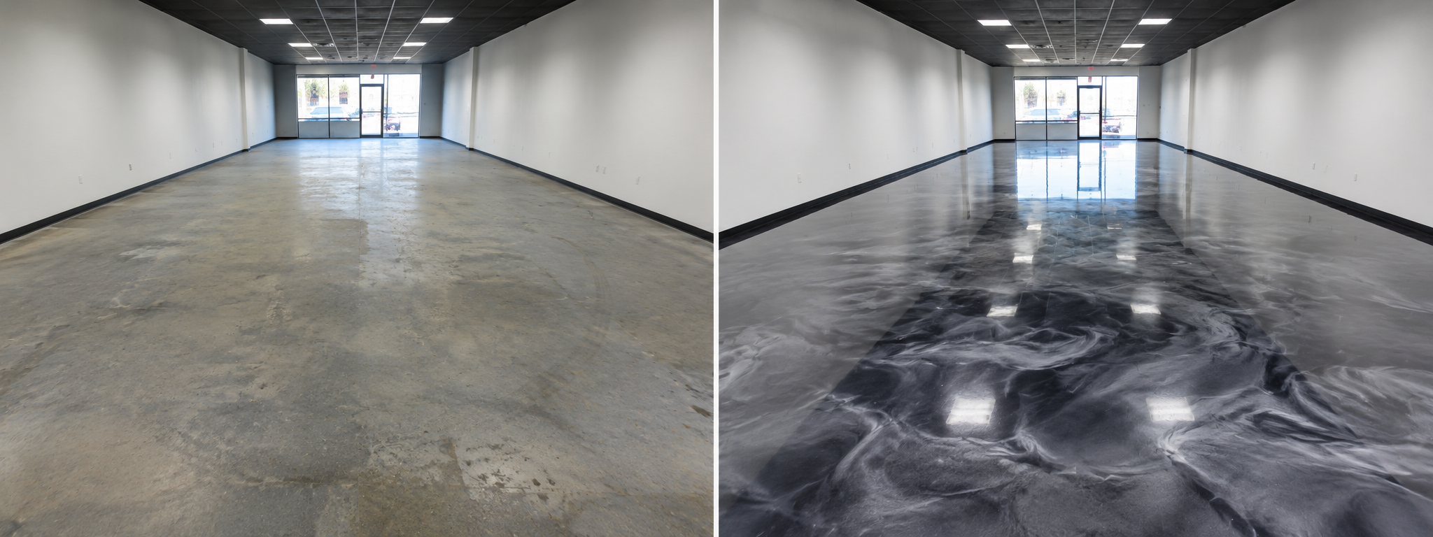 Concrete retail showroom floor before metallic epoxy coating — Plano, TX