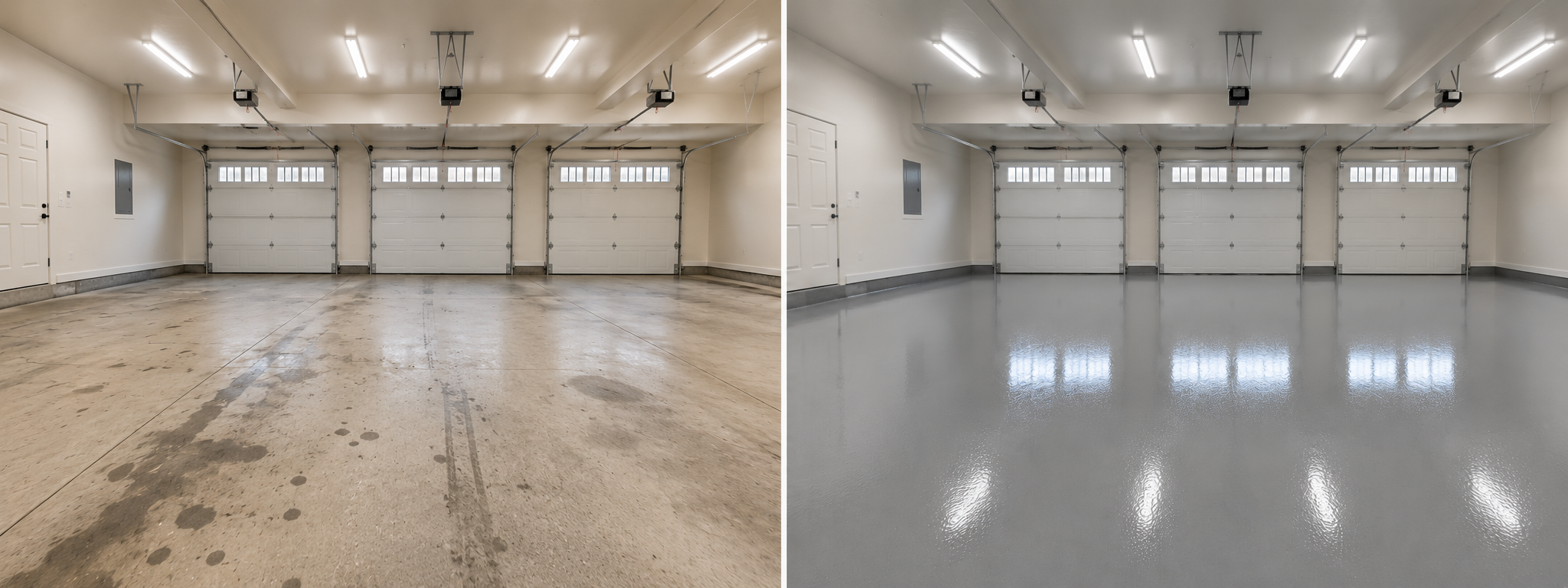 Stained concrete floor in a 3-car residential garage before epoxy — Allen, TX