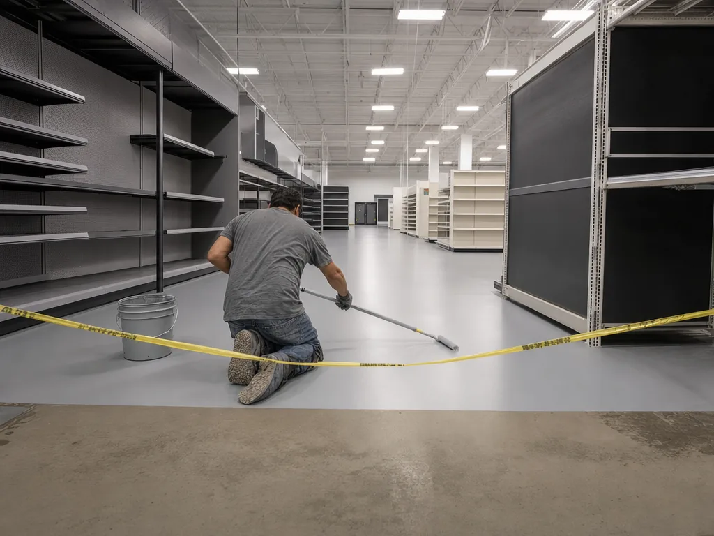 Installer rolling a topcoat on one taped-off aisle of a retail store after hours