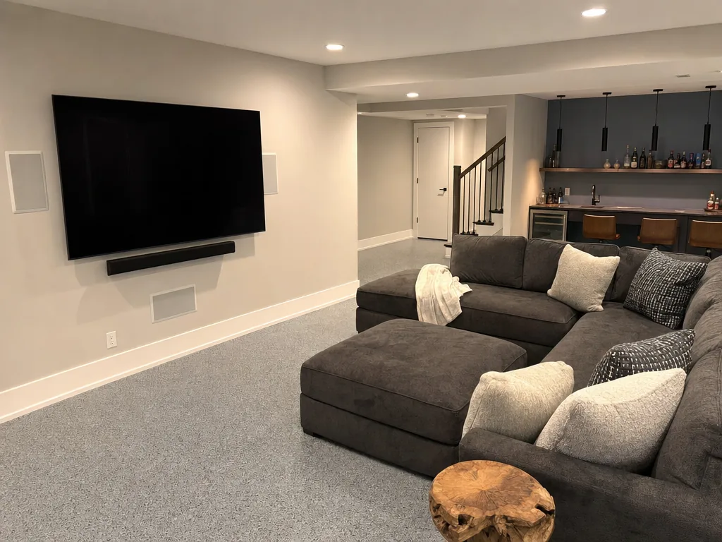 Finished basement media room with a medium gray chip-flake epoxy floor