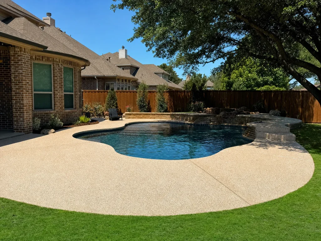 Freeform pool with a seamless sandstone-color coated concrete deck and sealed control joints
