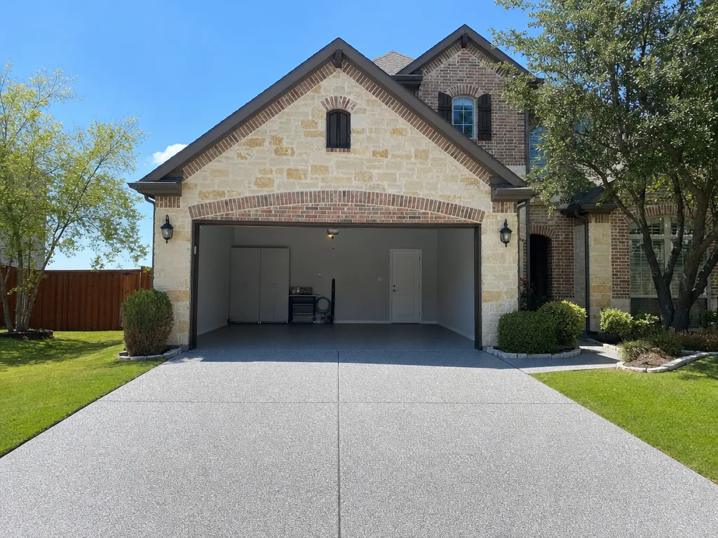 Two-story brick home with a gray granite chip-flake coated driveway