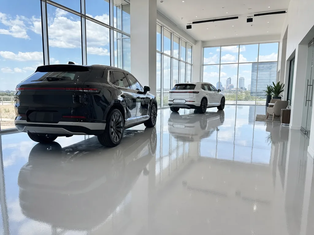 Car showroom with a high-gloss light gray resin floor reflecting lights and vehicles