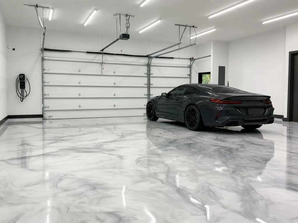 Garage with a high-gloss white and silver marble-look metallic epoxy floor