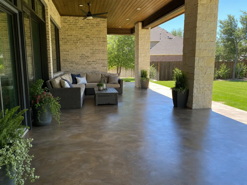 Covered back patio with a warm gray and bronze metallic epoxy floor