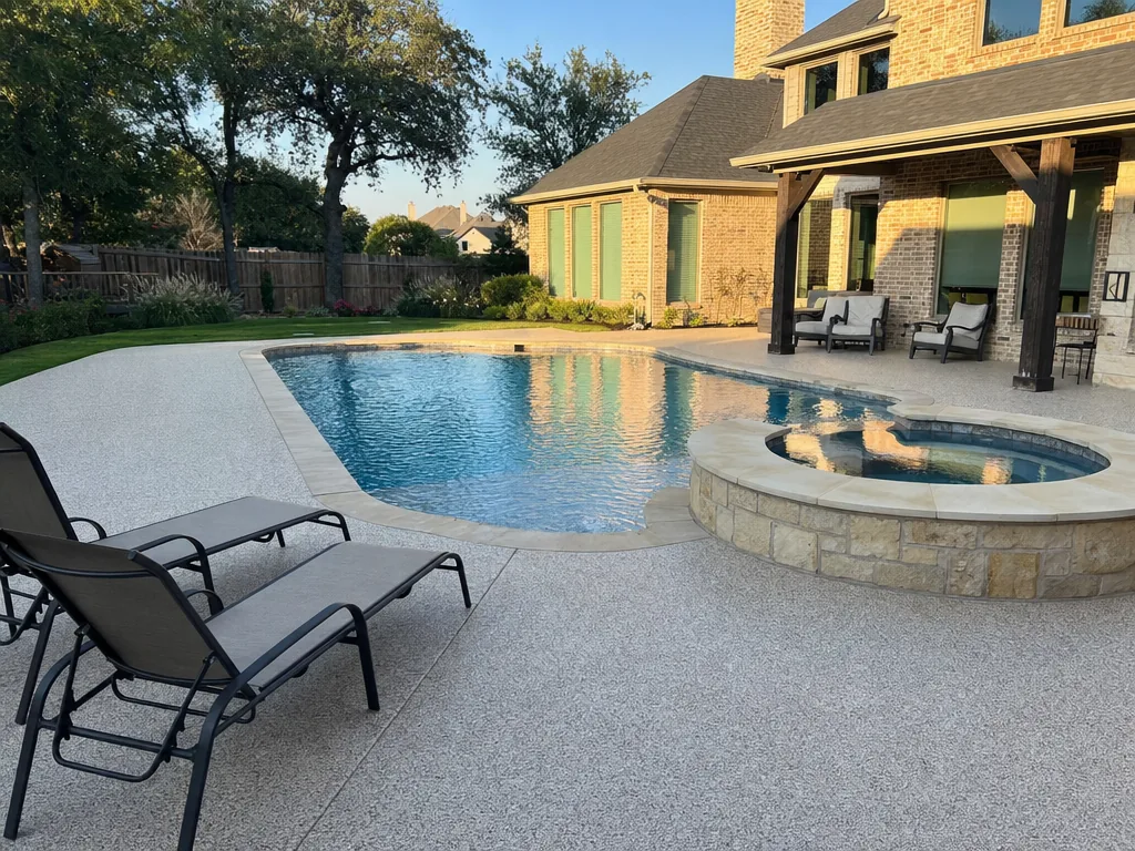 In-ground pool with a light tan chip-flake coated pool deck at a DFW home