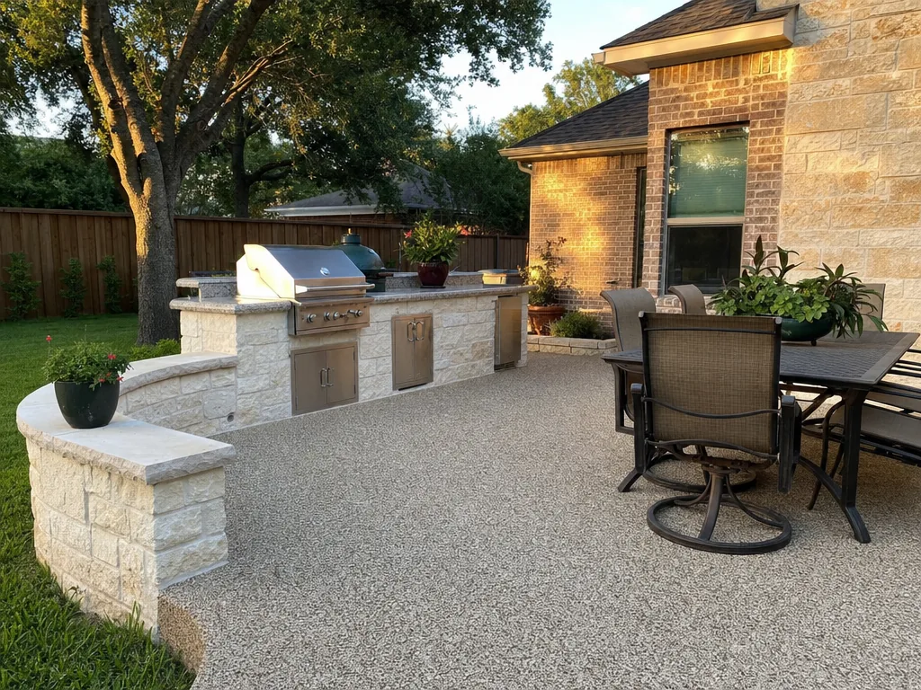 Open patio with a cream and tan stone-blend chip-flake coating next to an Austin stone wall